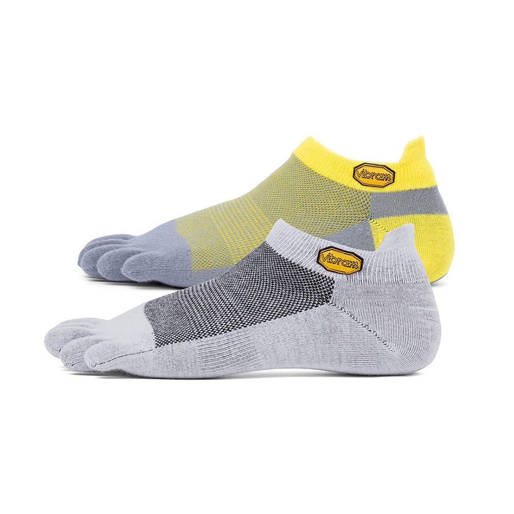 Vibram Five Toe Socks Athletic Pro No Show Twin Pack + UK 11+. 1 x Light Grey.1 x Yellow/Grey